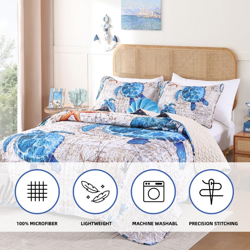 weigelia Coastal Quilts Bedding Set Queen Size - Summer Vintage Sea Turtles Nautical Bedding Quilt with Pillow Cases, Beach Reversible Quilt Set Bedspreads Coverlet Soft Lightweight Comforter - Image 3